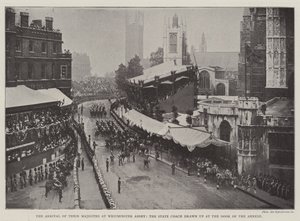Ankomsten av Deres Majesteter til Westminster Abbey, statstreneren tegnet ved døren til annekset av English Photographer