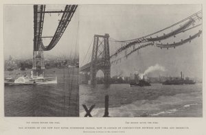 Brenningen av New East River Suspension Bridge, nå under konstruksjon mellom New York og Brooklyn av English Photographer