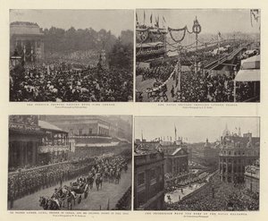 De utenlandske prinsene passerer Hyde Park Corner, Sir Wilfrid Laurier, GCMG, Canadas premier, og Colonial Escort i Pall Mall, Naval Brigade krysser London Bridge, prosesjonen fra Roof of the