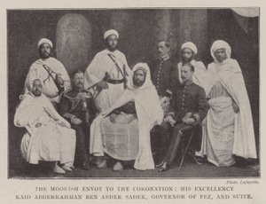Den mauriske utsending til kroningen, hans eksellens Kaid Abderrahman ben Abder Sadek, guvernør i Fez og Suite av English Photographer