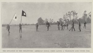 Situasjonen på Filippinene, American Signal Corps legger en telegraflinje under ild av English Photographer