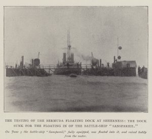 Testingen av Bermuda flytebrygge ved Sheerness, dokken senket for flytende inn av Battle-Ship Sanspareil av English Photographer