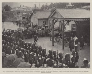 Lord Kitcheners besøk til kongen, generalens ankomst til Ballater stasjon av English Photographer