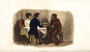 Nederlandsk par fra 1700-tallet som drikker vin med en Bornean-orangutang ved spisebordet av English School