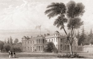 1800-tallsutsikt over Goodwood House, West Sussex, Sør-England. Fra Churtons Portrait and Lanscape Gallery, utgitt 1836. av English School