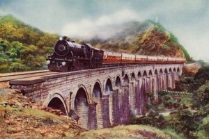 4-6-2 damplokomotiv fra Bombay, Baroda og Central India Railway som drar Frontier Mail som passerer over en viadukt mellom Bombay og Delhi (farge litho) av English School