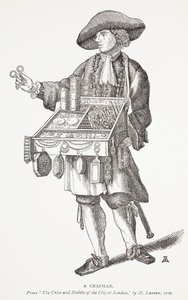 A Chapman, fra The Cries and Habits of the City of London av M. Lauren, 1709, frontispice-illustrasjon fra Chap-books of the Eighteenth Century av John Ashton, pub. 1882 av English School