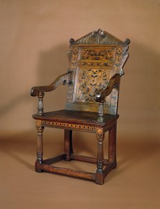 En Charles I lenestol, midten av 1600-tallet (eik med marquetry-innlegg) av English School
