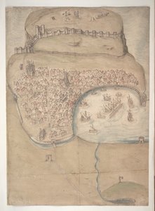 En farget plan eller fugleperspektiv av Scarborough Town og Castle av English School