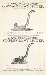 A Cottage and Simplex gressklipper, illustrasjon fra en hagekatalog, utgitt av Barnard Bishop & Barnard, 1878 av English School