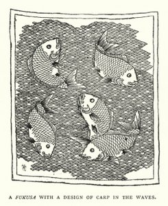 En Fukusa med et design av Carp in the Waves (litho) av English School