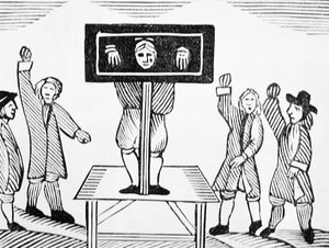 A Guilty Man in the Village Pillory, kopi av en illustrasjon fra 1500-tallet, fra en samling kapittelbøker om esoterica av English School
