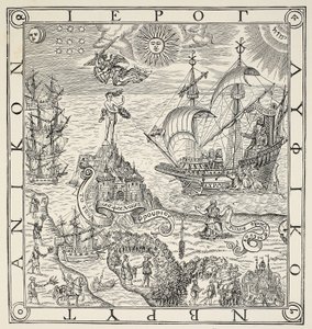 En hieroglyf av Storbritannia, frontispice til generelle og sjeldne minnesmerker knyttet til den perfekte Arte of Navigation av John Dee (1527-1609), 1577 av English School