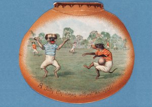 A Jolly Christmas Without an Upset!, julekort som viser en fotballkamp mellom hunder, ca. 1890-tallet av English School