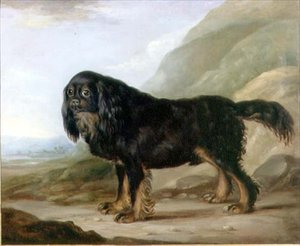 En King Charles Spaniel i et landskap av English School