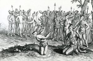 En konge av Florida konsulterte tryllekunstneren sin før han dro til Battle, illustrasjon hentet fra Moores Voyages and Travels, 1778 av English School