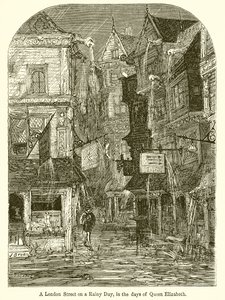 En London Street på en regnværsdag, i dronning Elizabeths dager av English School