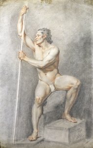 En naken mann som holder en stav, ca. 1770 (farget kritt på papir)