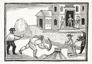 En mann som klipper gress med en ljå, som tok alt før seg, illustrasjon fra Chap-books of the Eighteenth Century av John Ashton, pub. 1882 av English School