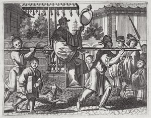 A Mandarin in a Sedan Chair, illustrasjon fra en beskrivelse av ambassader til Kina, 1690 av English School