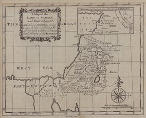 Et kart over Kanaans land og tilstøtende deler på den tiden da Abraham kom for å oppholde seg i landet, som viser de forskjellige menneskene og stedene som er nevnt i patriarkenes historie (gravering) av English School