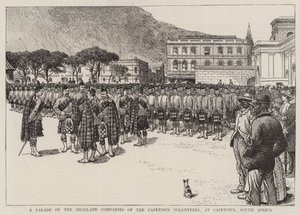 A Parade of the Highland Companies of the Capetown Volunteers, i Capetown, Sør-Afrika (gravering) av English School