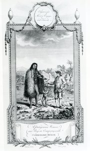 En patagonisk kvinne og gutt i selskap med Commodore Byron, illustrasjon hentet fra Moores Voyages and Travels, 1778 av English School