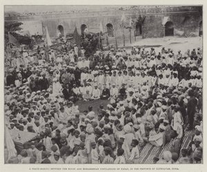 En fredsskaping mellom den hinduistiske og muhammedanske befolkningen i Patan, i provinsen Kathiawar, India (gravering) av English School