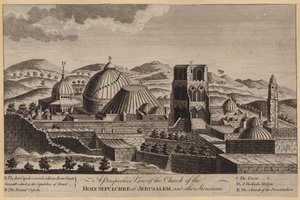 Et perspektivbilde av Den hellige gravs kirke i Jerusalem og andre strukturer (gravering) av English School