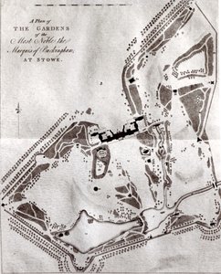 A Plan of the Gardens of the Most Noble Marquis of Buckingham at Stowe, fra Visitors Guide Book, utgitt i 1797 (se 140582 for Charles Bridgemans tidligere plan) av English School