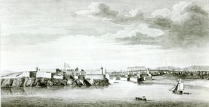 Et prospekt av Moro-slottet og byen Havana fra havet, gravert av Pierre Charles Canot fra en tegning av en offiser fra den britiske marinen, 1818 av English School