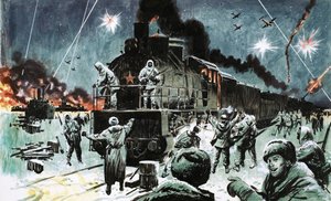 Et russisk tog bringer forsyninger til Leningrad etter to år med beleiring av English School