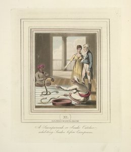 En Saumpareeah eller slangefanger som stiller ut slanger før europeere, ca. 1824 (farge litho) av English School