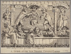 En scene på New Theatre, Covent Garden: satire som skildrer et politisk valgmøte i Covent Garden, London av English School