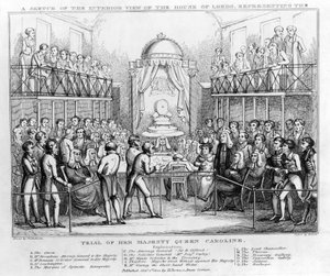 En skisse av innsiden av House of Lords, som representerer rettssaken mot Hennes Majestet Dronning Caroline, pub. 1820 (s/hv gravering) av English School