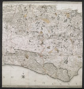 Et topografisk kart over fylket Sussex, delt inn i voldtekter, dekanier og hundrevis. Planlagt fra en faktisk undersøkelse i en skala fra en tomme til en lovbestemt mil av English School