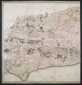 Et topografisk kart over fylket Sussex, delt inn i voldtekter, dekanier og hundrevis. Planlagt fra en faktisk undersøkelse i en skala fra en tomme til en lovbestemt mil av English School