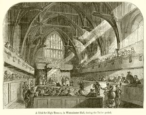 En rettssak for høyforræderi, i Westminster Hall, under Tudor-perioden av English School