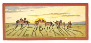 Et viktoriansk julekort av en solnedgang som kaster skygger fra en rad med esler hvor det står "Merry Xmas", ca. 1880 av English School