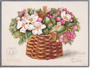 Et viktoriansk julekort med blomster og blader i en flettet kurv, ca. 1880 (farge litho) av English School
