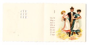 Et viktoriansk gratulasjonskort av en herre med to hushjelper, rundt 1880 av English School