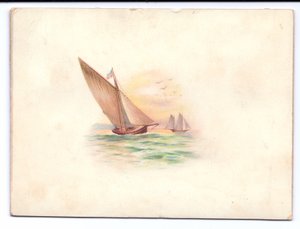 Et viktoriansk nyttårskort med yachter som seiler i måneskinnet, ca. 1895 av English School