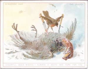 En viktoriansk årstidskalender som viser et eldre par i middelalderkostyme som går i snøen og et ungt par også i middelalderkostyme som nyter en vårdag, ca. 1879 (fargelitografi) av English School