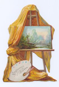 Et viktoriansk utskåret kort av et maleri på et staffeli med drapering, ca. 1880 (fargelitografi) av English School