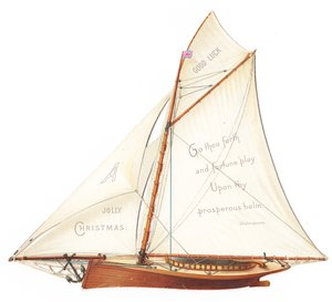 Et viktoriansk, utskåret tredimensjonalt julekort av en seilbåt, ca. 1880 (fargelitografi) av English School