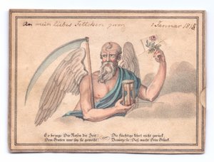 Et viktoriansk gratulasjonskort av den grimme høsteren med ljå og timeglass som holder en rose, ca. 1815 (farge litho) av English School