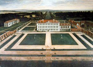 A View of Capesthorne Hall, Cheshire, ca. 1730 (olje på lerret) av English School