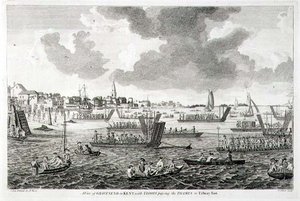 En utsikt over Gravesend i Kent, med tropper som passerer Themsen til Tilbury Fort (gravering) av English School