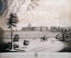 En utsikt over Helmingham Hall i Suffolk, setet til jarlen av Dysart (blekk og grå vask på papir) av English School