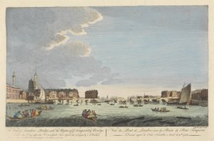 En utsikt over London Bridge med ruinene av den midlertidige broen etter brannen 11. april 1758 (farget gravering) av English School